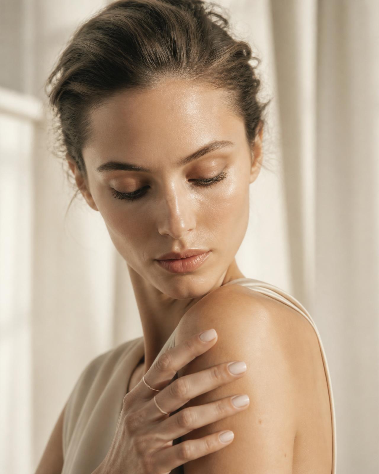Editorial portrait of a woman with luminous, clear skin — Celestiva India